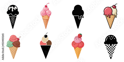 ice cream set, Vector illustration set of ice cream scoop with different topping in waffle cone. Sweet summer dessert isolated on white, Hand drawn icon, logo of melted scoop of vanilla, classic cream
