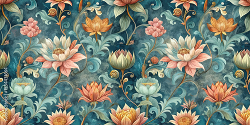 Colorful floral wallpaper design featuring various blossoms and intricate details.
