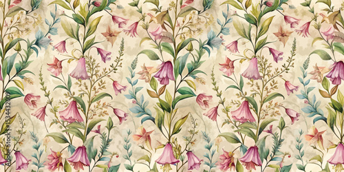 Delicate floral pattern with pink bell flowers and lush greenery