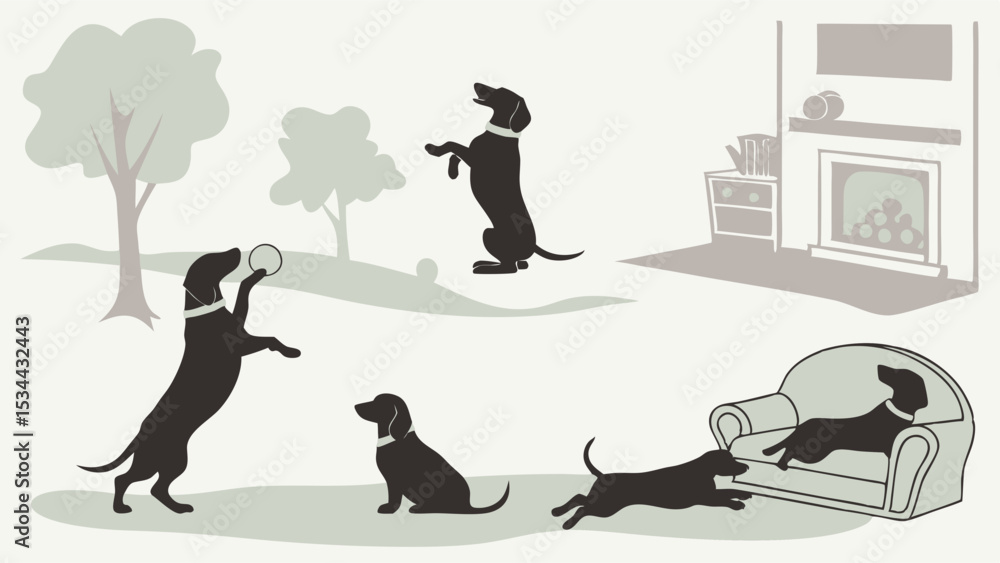 Fototapeta premium Dog Silhouettes Playing Outdoors and Relaxing Indoors Pet Lifestyle Activities Collection