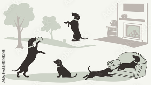 Dog Silhouettes Playing Outdoors and Relaxing Indoors Pet Lifestyle Activities Collection