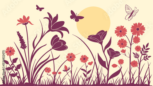 Spring Summer Floral Garden Silhouette With Flowers Butterflies And Sun Vector Illustration Background