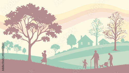 Peaceful rural landscape with families and generations walking. Tranquil nature scene, community lifestyle outdoors with trees, houses, hills.