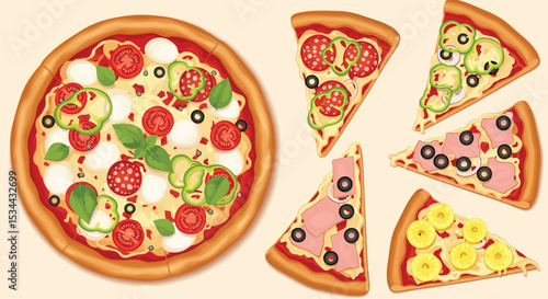 Delicious Assortment of Pizza Slices with Various Toppings Displayed in a Visually Appealing Layout