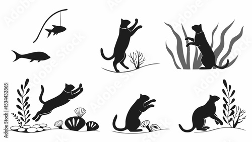 Playful Black Cat Silhouette Vector Illustrations Set Poses Playing with Fish and Nature Graphic Art