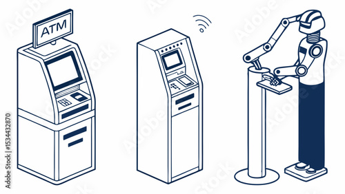 Isometric Line Art Illustration of ATM Kiosk and Robot Automation in Financial Technology