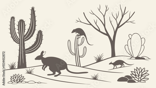 Vintage Sepia Illustration of Australian Desert Scene with Kangaroo, Wallaby, Cactus, and Wildlife