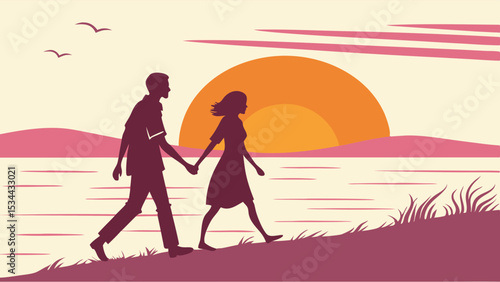 Romantic Couple Silhouette Walking on Shoreline at Sunset - Flat Illustration with Hills and Birds