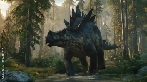 A large stegosaurus walks through a sun dappled forest Trees surround the herbivore its plate covered back creates a silhouette Lush green foliage carpets the woodland floor