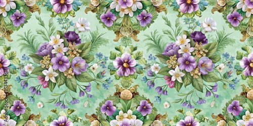 Vibrant floral pattern featuring purple and white blossoms on a soft green background.
