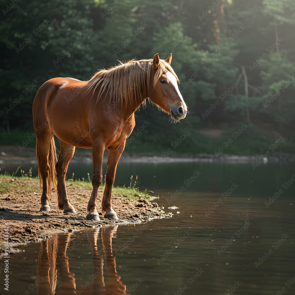 Obraz premium Horse Near Lake on Sunny Day