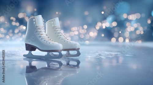 a pair of figure skates placed slightly to the right on an icy surface, with clear reflections and soft ambient light, empty left side with smooth gradient blue for promotional text or branding