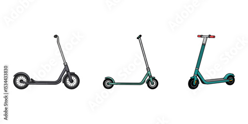 Set of modern electric scooter vector illustrations, stand up motorized scooter, micro-mobility, scooter isolated, Stand-up scooter vector, Electric scooter side view isolated on white vector