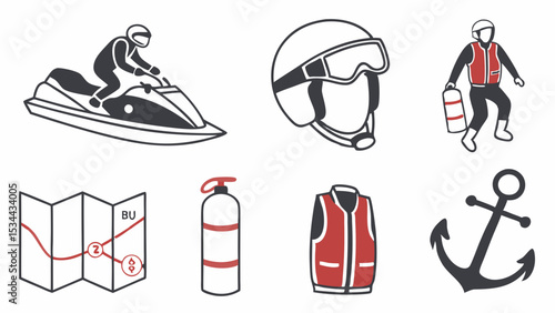 Black and White Line Art Icons for Water Safety Boating and Marine Equipment Jet Ski Life Jacket Helmet Map Anchor Extinguisher