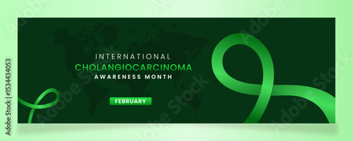 Cholangiocarcinoma Awareness campaign banner with green ribbon symbols on gradient pastel light green background.