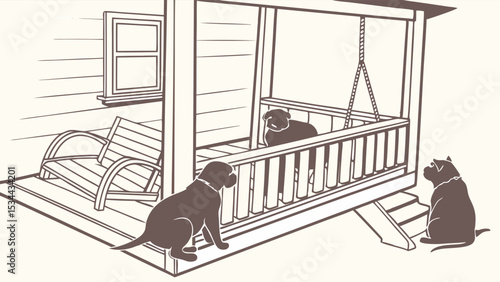 Two Dogs and a Cat on a Porch - Simple Line Drawing Illustration of Pets Relaxing Outside a House - Animal Companions Together