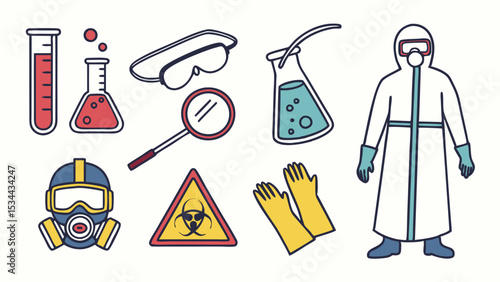 Laboratory safety equipment biohazard sign protective suit icons for science research