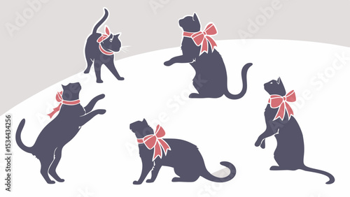 Cute black cats with red bows, group of adorable pets in various poses, simple light background, festive animal theme.