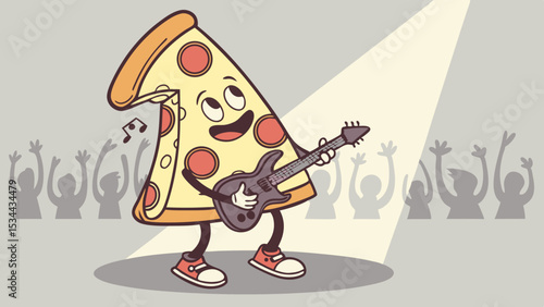 Vector cartoon pizza slice playing electric guitar on stage with cheering crowd illustration design vector art