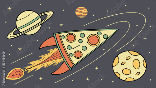 Vector pizza space rocket adventure illustration with planets and stars in outer space for kids and adults