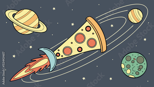 Vector pizza rocket ship flying through space with planets and stars illustration for kids and food lovers art