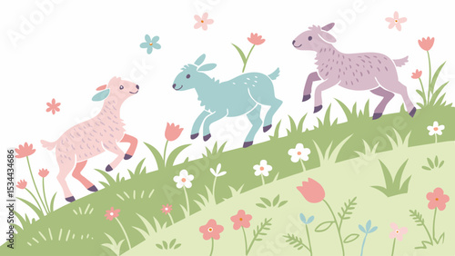 Pastel Illustration of Three Cute Lambs Running Up a Grassy Spring Hill with Flowers