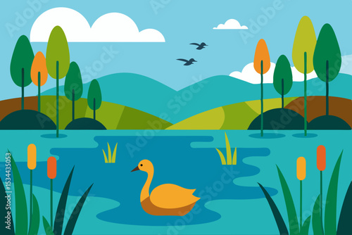 nature reserve with a lake ducks and cattails