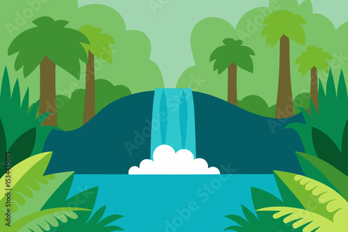  jungle clearing with a small waterfall and ferns