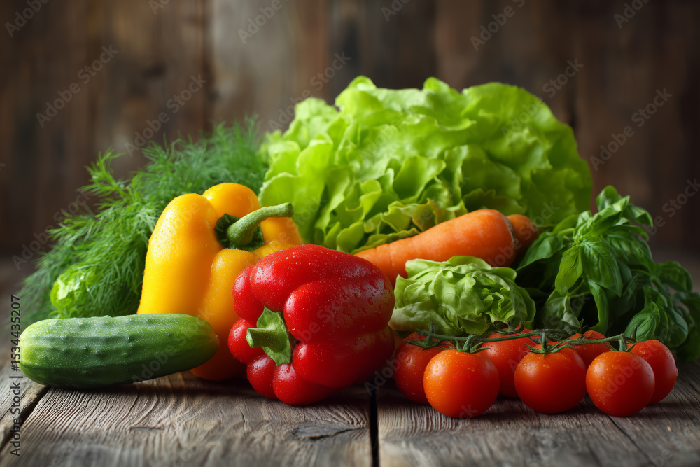 Fresh Organic Vegetables with Lettuce, Peppers and Tomatoes on Rustic Wooden Fresh Organic Vegetables with Lettuce, Peppers and Tomatoes on Rustic Wooden