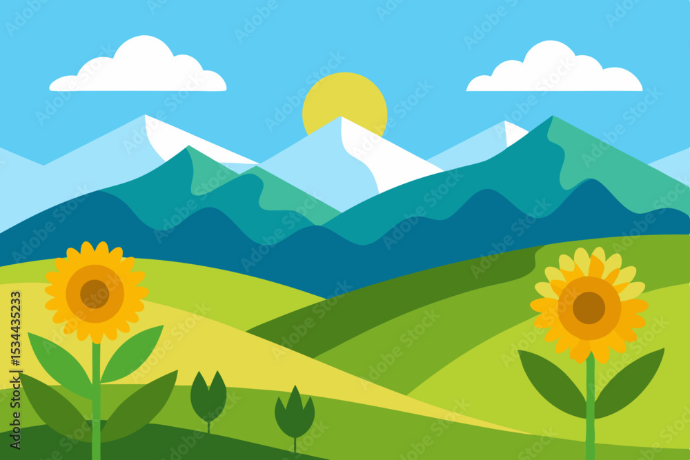 Fototapeta premium summer hills with sunflowers and distant mountain