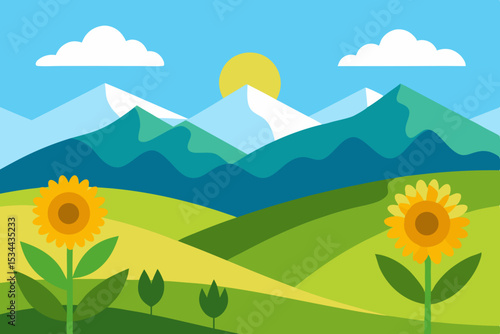 summer hills with sunflowers and distant mountain