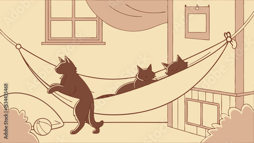 Sepia tone illustration of three relaxed cats napping together in a comfortable outdoor hammock in a backyard setting