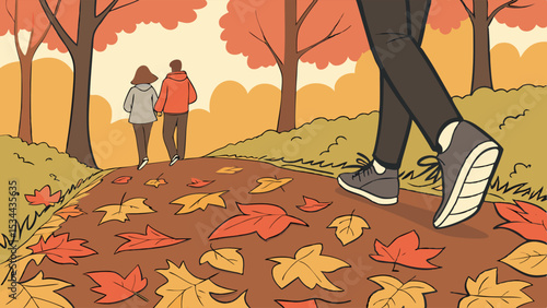 Person walking on path covered with autumn leaves in park. Fall season nature walk. Healthy lifestyle and outdoor activity.