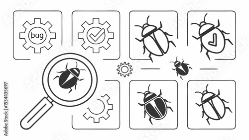 Software Debugging Bug Fixing And Testing Process Icons With Magnifying Glass And Gears