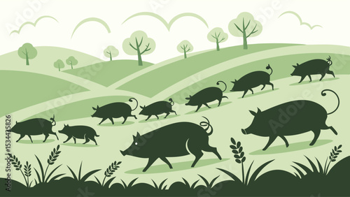 Herd of wild pigs running through green landscape silhouette graphic illustration