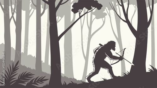 Prehistoric man hunter with bow and arrow in forest silhouette ancient survival primal instinct stone age history evolution primitive
