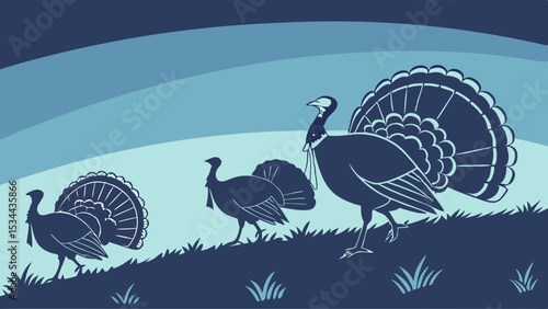 Blue Silhouette Wild Turkeys Walking Nature Graphic Illustration