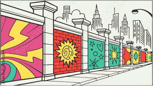 Colorful urban street mural wall with abstract graphic designs city sidewalk and skyline background.