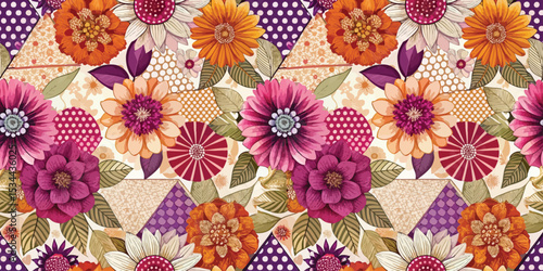 Vibrant floral pattern featuring colorful flowers in pink, orange, and purple shades.