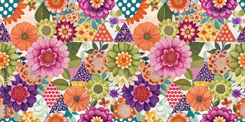 Vibrant floral pattern with colorful flowers and geometric shapes in a cheerful design.