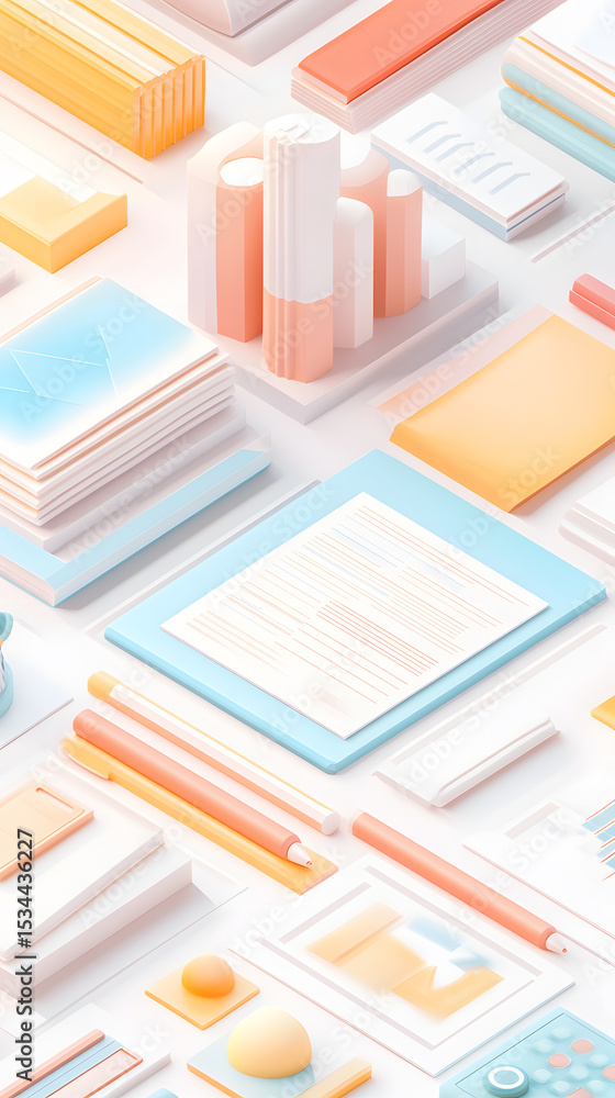 Fototapeta premium Isometric View of Office Supplies and Documents