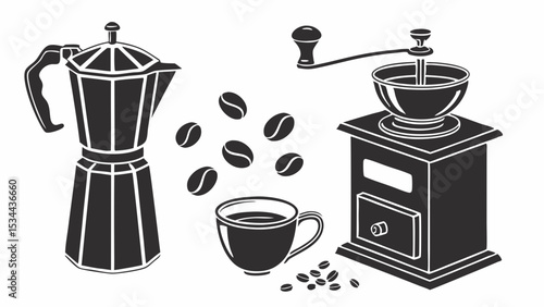 Black and White Coffee Set Vector Illustration Moka Pot Grinder Beans Cup Morning Beverage
