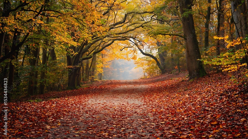 Fototapeta premium Autumn scene with a path covered in fallen leaves, leading through a forest with colorful foliage.