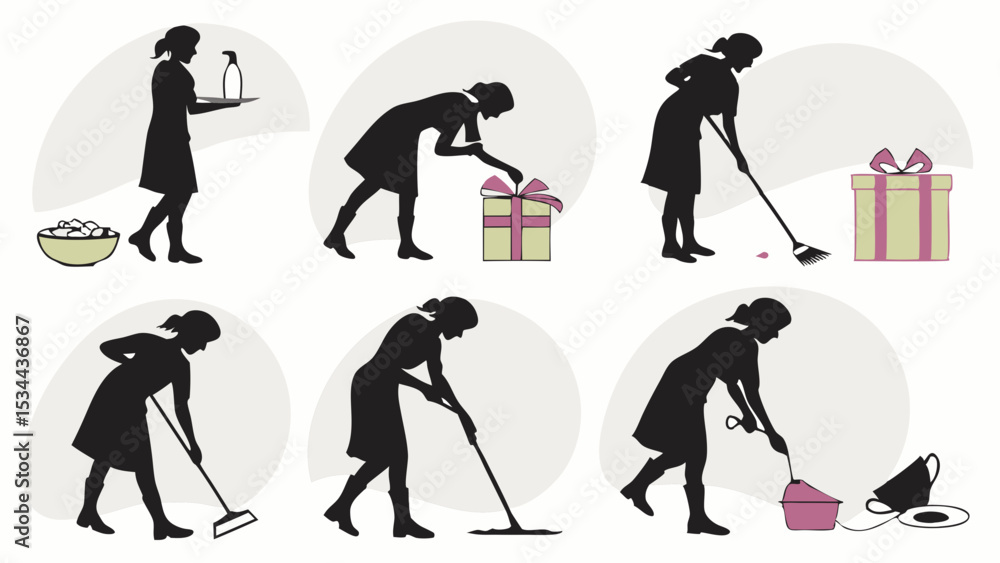 Obraz premium Silhouette woman cleaning various household chores sweeping mopping vacuuming daily routine home domestic work set