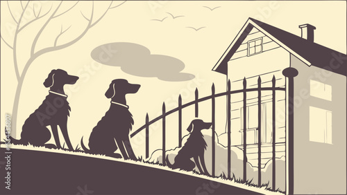 Three pet dogs silhouette waiting at home fence on hill.