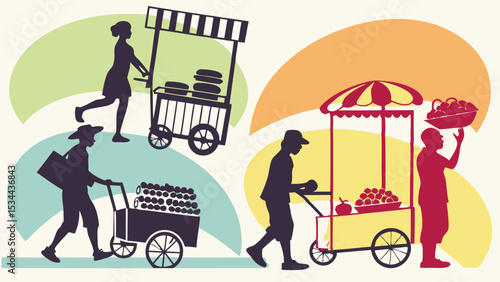 Silhouettes of street vendors selling food and produce from carts market illustration graphic