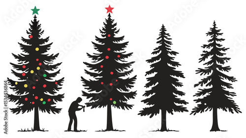 Christmas Tree Decorating Process and Silhouette Set Holiday Winter Season Design Elements