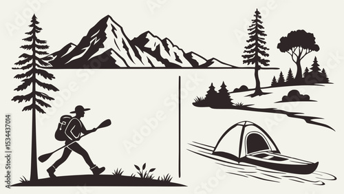 Outdoor Adventure Silhouettes Black White Vector Art: Hiker, Kayaker, Tent. Mountains, Forest, River Landscape Representing Hiking, Kayaking, Camping.