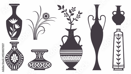 Ancient Style Decorative Vases and Floral Black Silhouettes Set