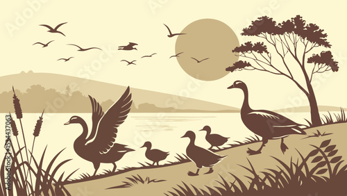 Sepia Vintage Silhouette Geese Family Goslings Walking by Lake Reeds Tree Sunset Birds